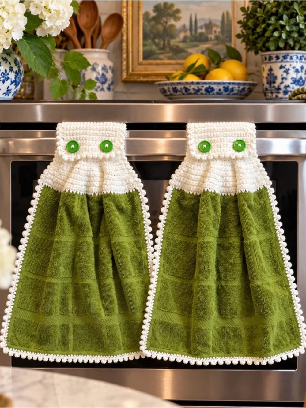Green Crochet-Trim Hanging Kitchen Towels - Brand: